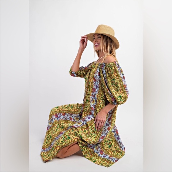 Easel Boho Cottagecore Floral Off-Shoulder Maxi Dress Size L - Picture 5 of 12